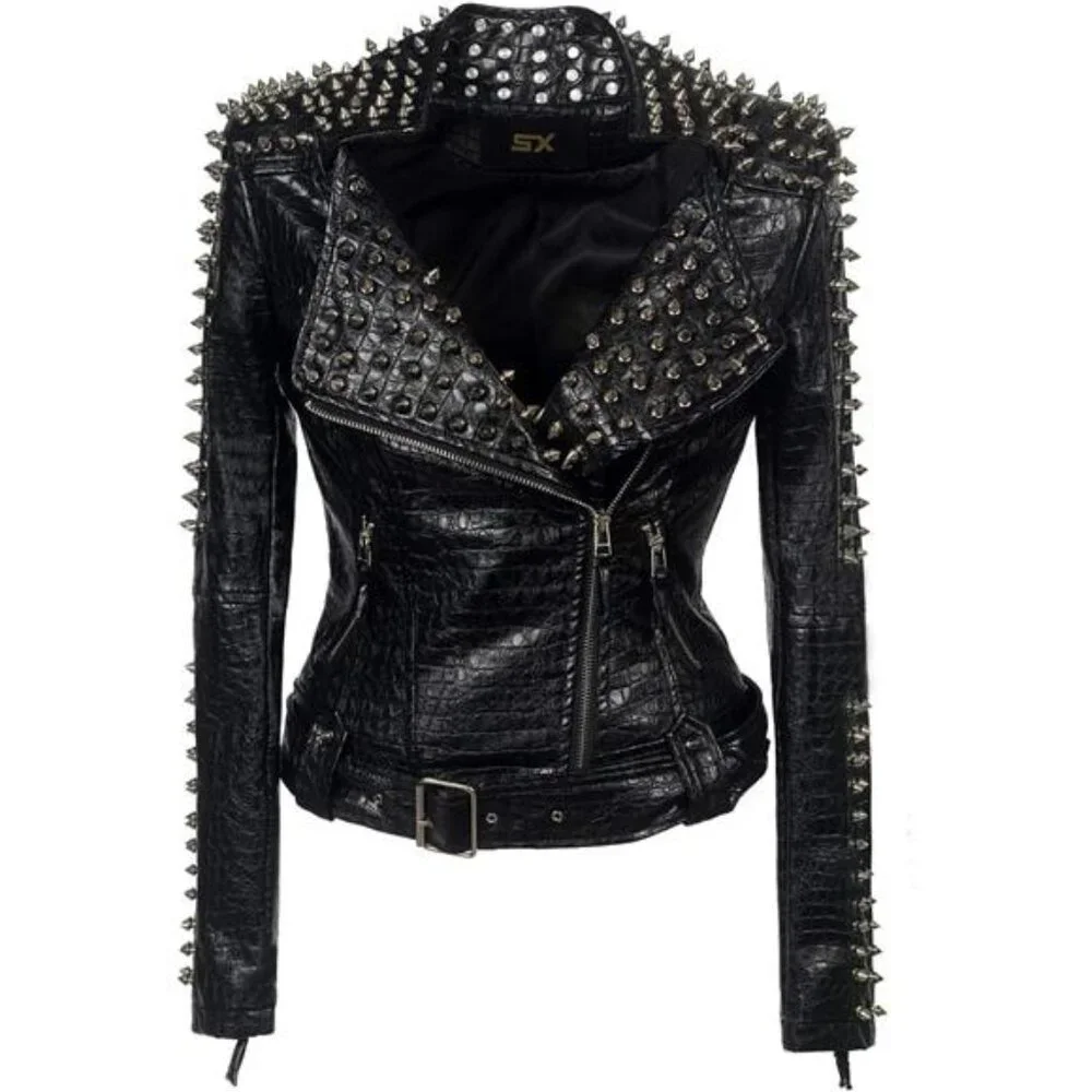 Women's Punk Faux Leather PU Black Jacket Studded Rivet Fashion Streetwear Coat - Picture 1 of 7